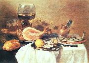 Pieter Claesz A ham, a herring, oysters, a lemon, bread, onions, grapes and a roemer Spain oil painting artist